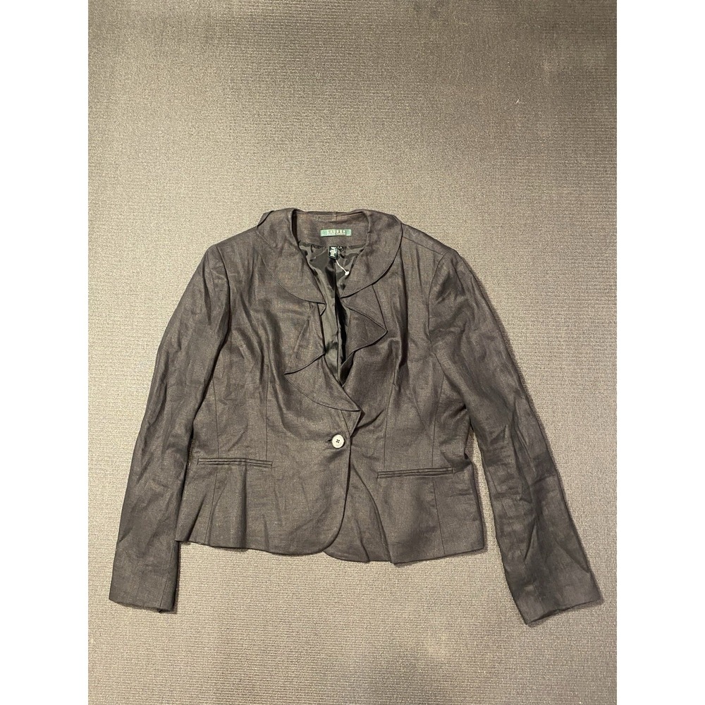 New Lauren Ralph Lauren Women's 100% Linen‎ Blazer Black Size 16 Ruffle Collar
